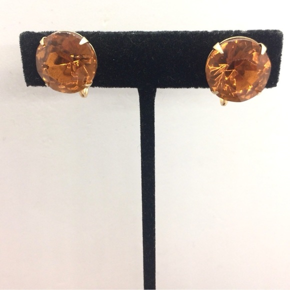 3/$30 VINTAGE AMBER COLOR GLASS SCREWBACK EARRINGS GOLD TONE CLIP RHINESTONE - Picture 7 of 16